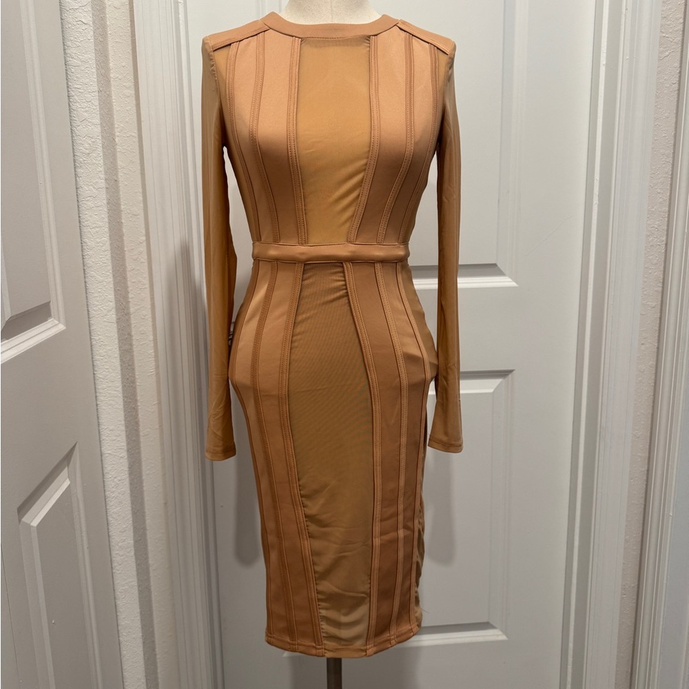 Entry Brown Peplum Bodycon Dress Long Sleeve